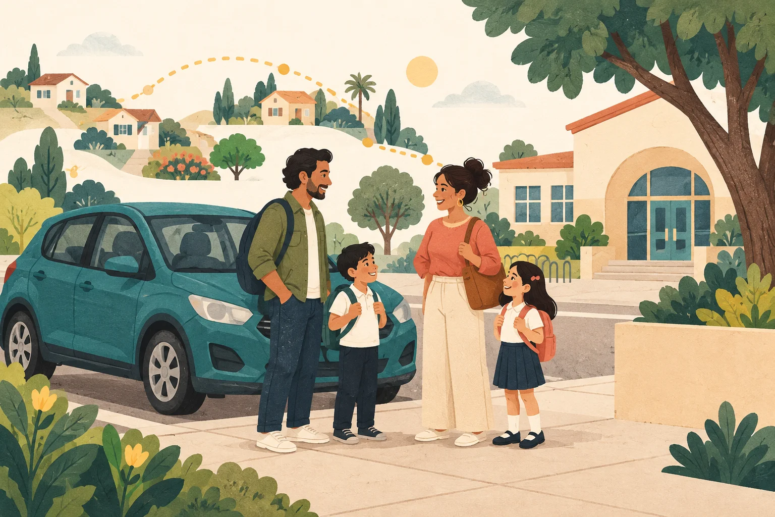 Dos familias conversan junto a un auto y una escuela.